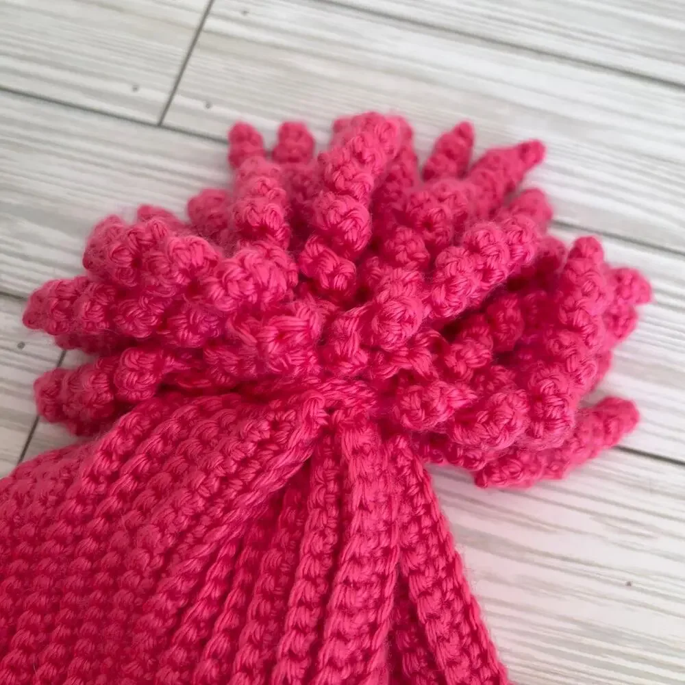 New Handmade Crochet Hot Pink Curly Pom Pom Girl's Knit Winter Hat